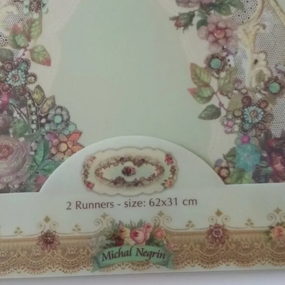 2 pc Michal Negrin Runners Dining Table Kitchen Home Decor Victorian Rose Floral